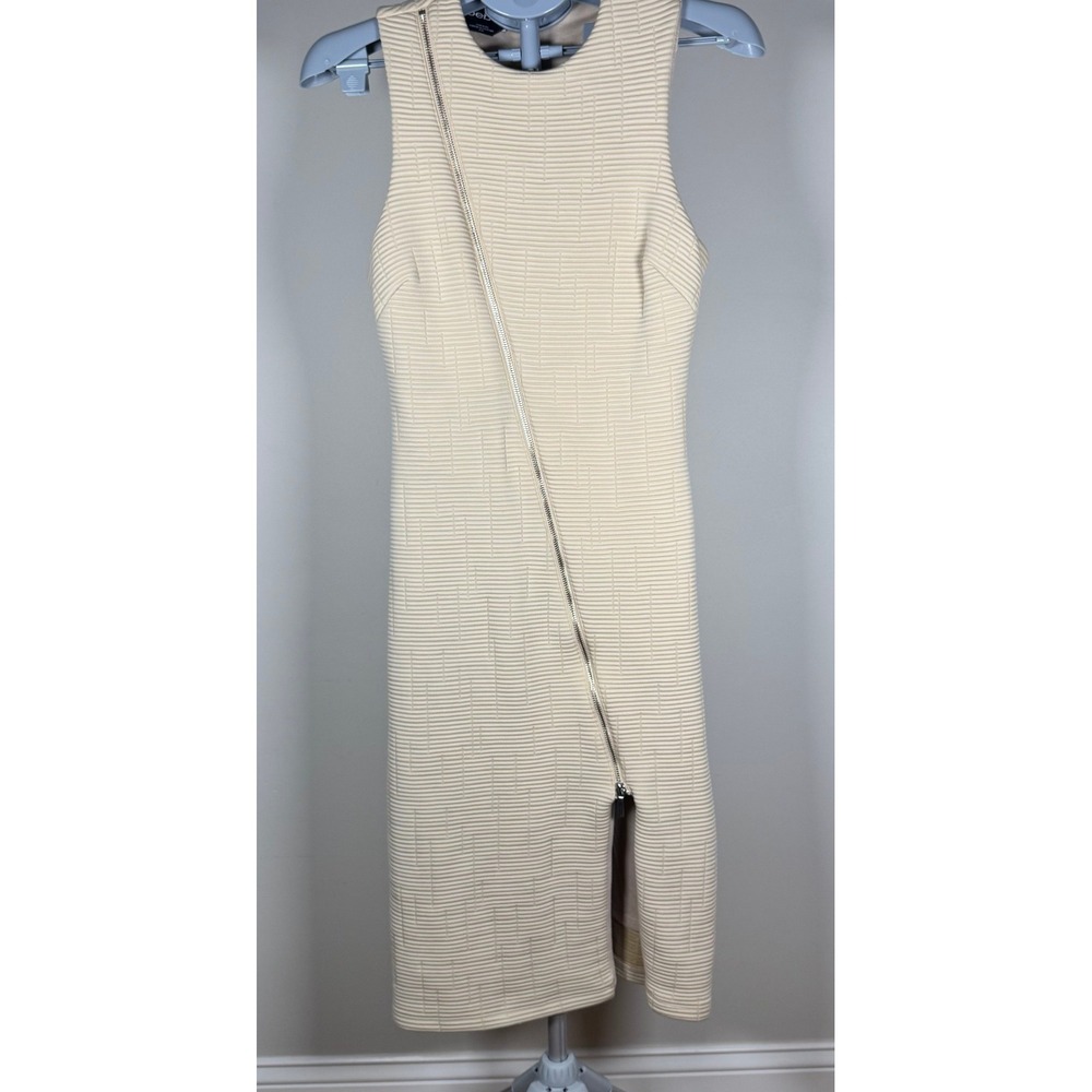 Bebe Cream Textured Sleeveless Asymmetric Zipper Midi Dress Elegant Bodycon